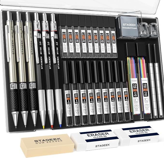 STAGEEK 34PCS Mechanical Pencil Set with Case, 0.5, 0.7, 0.9 ＆ 3PCS 2mm | Drawing Pencils with 384PCS Lead Refills (6B 4B 2B HB 2H 4H Color), Erasers, Sharpeners, Artist Pencil for Sketching Drafting