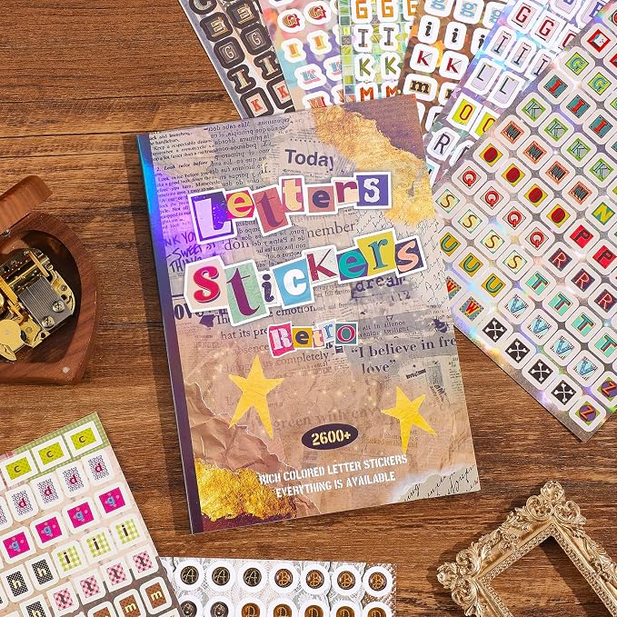 2600+ Pcs Retro Alphabet Sticker Book, Vintage Letter Decorative Stickers for Junk Journal Scrapbooking Planner Card Making, Ideal DIY Craft Gift for Women Teens Girls