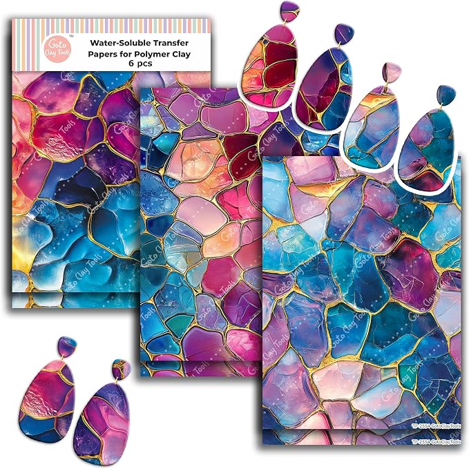 GOTO CLAY TOOLS Colorful Stained Glass Clay Transfer Paper – 6 Pcs, Transfer Paper for Polymer Clay, Stained Glass Pattern Polymer Clay Transfer Sheet for Jewelry Making