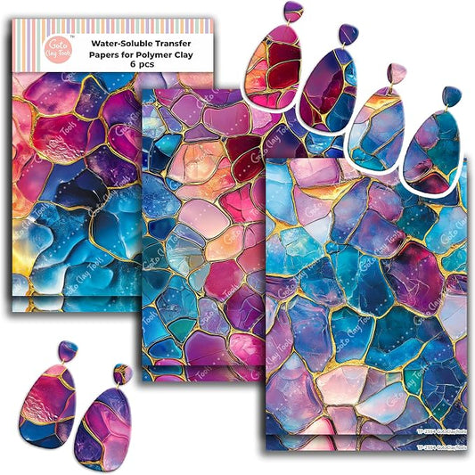 GOTO CLAY TOOLS Colorful Stained Glass Clay Transfer Paper – 6 Pcs, Transfer Paper for Polymer Clay, Stained Glass Pattern Polymer Clay Transfer Sheet for Jewelry Making