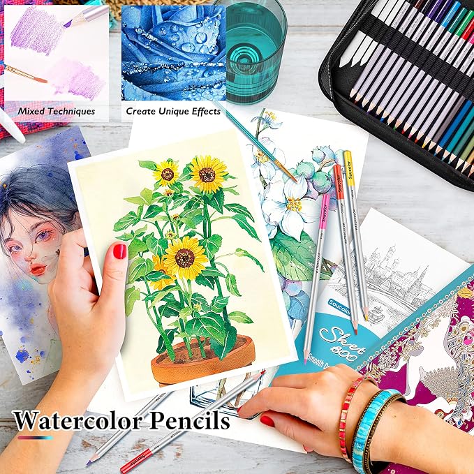 Soucolor 73Pcs Art Supplies Drawing Kit Sketch Pencils Set Adults Gift | 73-Piece Art Set Includes Sketch Book, Coloring Book, Graphite Pencils, Watercolor Pencils & Portable Case for Artists