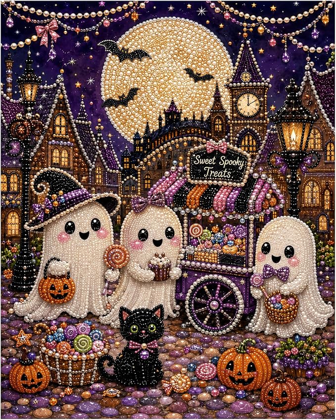 DIY Christmas Pearl Diamond Painting Kit, 5D Pearl Art Craft for Adults and Beginners, Christmas Church and Jesus Wall Decor, Holiday Gifts, 12 x 16 Inch (Halloween Design C)
