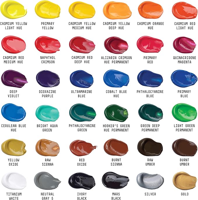 Liquitex BASICS Acrylic Paint Set, 36 x 22ml (0.74-oz) Tube Paint Set | Medium Viscosity, Satin Finish, Lightfast, Fine Art Pigments, Range of Opacities, Easy Blending