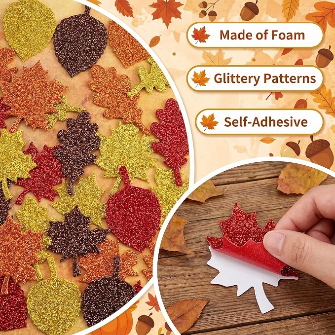 Fall Crafts for Kids - Maple Leaf Glitter Foam Stickers | 138 PCS Self Adhesive Fall Stickers - Thanksgiving Crafts Games for Kids -Friendsgiving Party Supplies Favors for Halloween Gifts