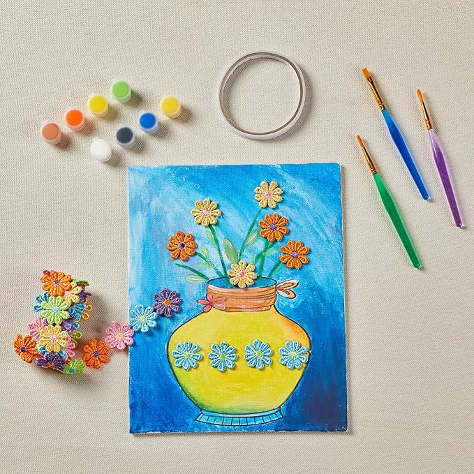 DIY Vase Pre Drawn Canvas Painting Kit, 3-Pack 8x10 Inch Canvas Panels, 40 Tassel Flowers, 8 Acrylic Paints, 3 Brushes & Double-Sided Tape, Creative Art Kit for DIY Projects & Crafting Fun