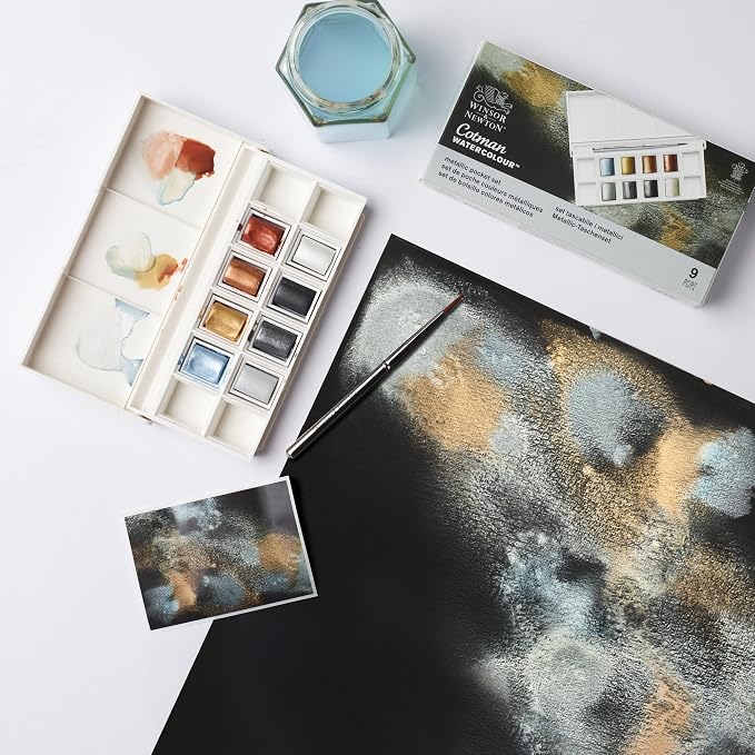 Winsor & Newton Cotman Watercolor Paint Set, 8 Half Pan, Metallic Set | Introductory Watercolor made with Fine Art Pigments, Perfect for Beginners, Lightfast & Permanent, Good Tinting Strength