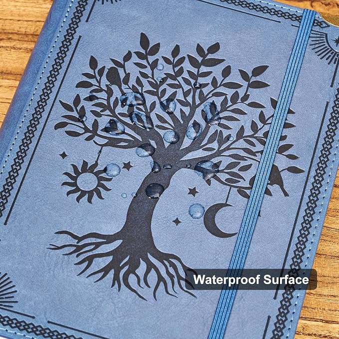 Ovesmusl PU Leather A5 Binder 6 Ring Refillable Journal Cover No Refill Paper A5 Planner Binder Loose Leaf Binder for Notebook 5.7”x8.3” with Elastic Closure, Blue Tree