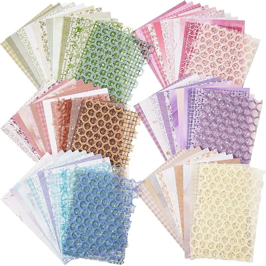 90 Sheets Scrapbook Paper and Decorative Mesh Fabric Assorted Set - 6 Pack Mixed Special Paper for Scrapbooking Planner Bullet Junk Journal Supplies Mixed Media Collage Card Embellishment 5.1x7 Inch