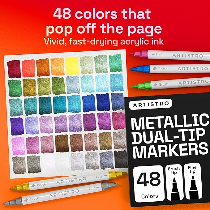 ARTISTRO 48 Metallic Dual-Tip Acrylic Paint Marker Pens for Drawing | For Fabric, Rock, Glass, Wood, & Molds, Arts & Crafts Gift for Adults, Teens, & Kids, Classroom Must Haves & School Supplies