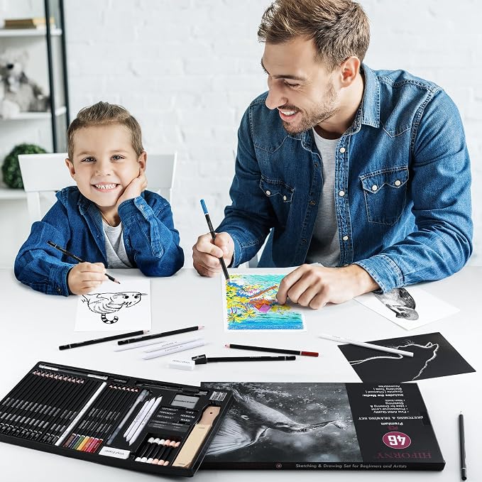 HIFORNY 46 PCS Sketching Drawing Pencil Set,Sketch Pencils Art Supplies with Colored Charcoal Pencils,Graphite,Charcoal,Blending Tools,Accessories,Drawing Kit for Adults Artists