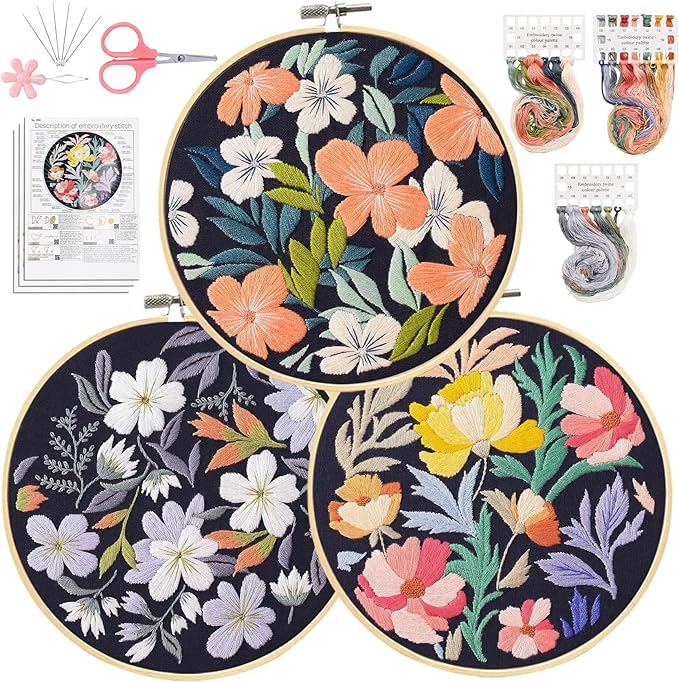 Santune 3 Pack Embroidery Kit for Beginners, Needlepoint Cross Stitch Kits for Adults,Needle Point Sets with Stamped Petal Pattern Stitch Video Tutorial