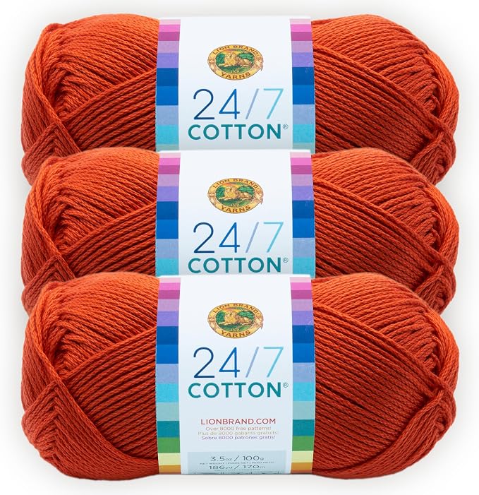 Lion Brand 24/7 Cotton Yarn, Yarn for Knitting, Crocheting, and Crafts, Tangerine, 3 Pack