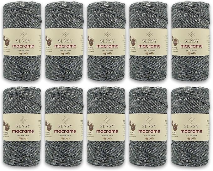 S Sensy 2mm Sparkle-Premium Polypropylene Macrame Cord 10 Pack Gray Sparkle