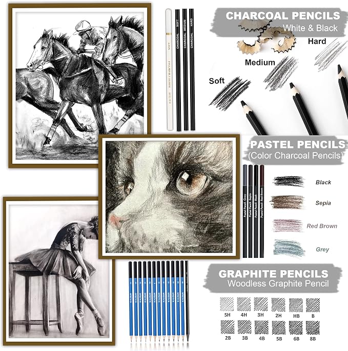 KALOUR 76 Drawing Sketching Kit Set - Pro Art Supplies with Sketchbook & Watercolor Paper - Include Tutorial,Pastel,Watercolor,Sketch,Colored,Metallic,Charcoal Pencils - for Artists Beginners Adults