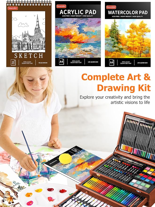 Soucolor Art Supplies,192 Pack Deluxe Art Set Drawing Painting Supplies Kit | Acrylic Pad, Watercolor Pad, Sketch Book, Canvases, Acrylic Paint, Crayons, Pencils, Gifts for Artist Adults Teen Kids