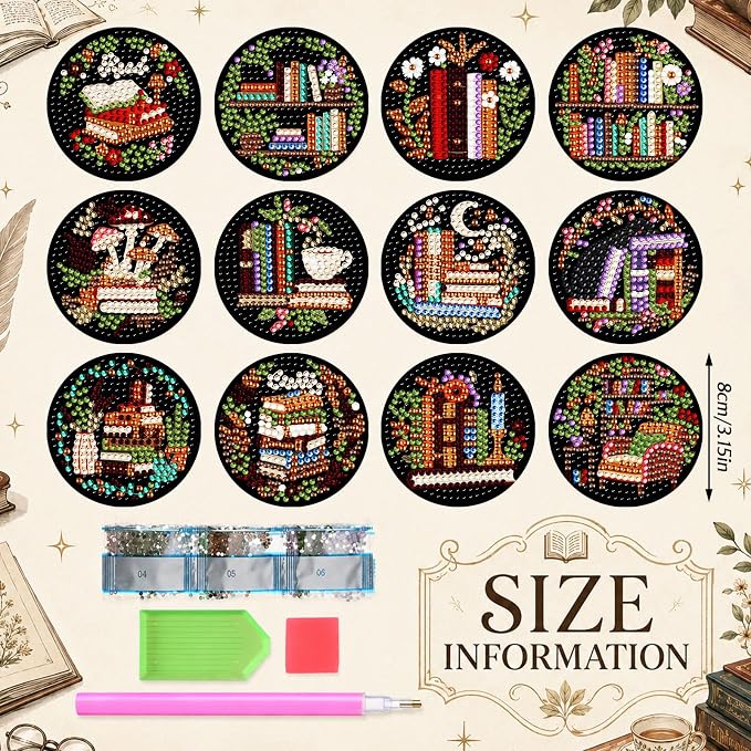 Zonon 12 Pcs Book Magnets Diamond Art Bookshelf Fridge Magnets for Adults | Reading Themed Designs, Small DIY Kits, Library Decor Stickers, Fridge Home Decoration, Completed Diamond Painting Sets