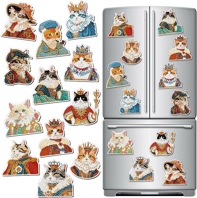 Zonon 12 Pcs Cat Diamond Magnets Fridge, Cute Kitten Decor Stickers Set | Diamond Painting Art Style, Magnetic Back for Refrigerator Surfaces, Cute Animal Characters, Kitchen Home Decor