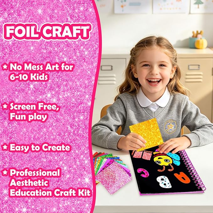 FUNNYB&G Foil Art Craft Kit for Kids, Sparkly Birthday Gift Toy for Girls | No Mess, Kids Ages 4-10 Create Sparkling Artwork, A Creative Gift for Birthdays, Holidays, Travel Activities,Screen-Free Fun