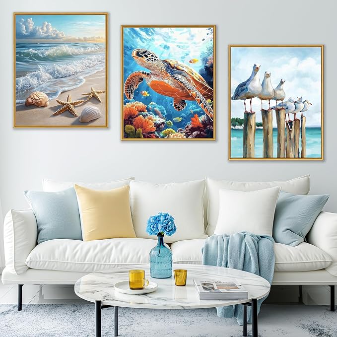 Yunruily 3 Pack Beach Adult Paint by Numbers - Paint by Number kit for Adults,Sea Turtle Paint by Number Adult for Gifts Home Wall Decor 12x16inch