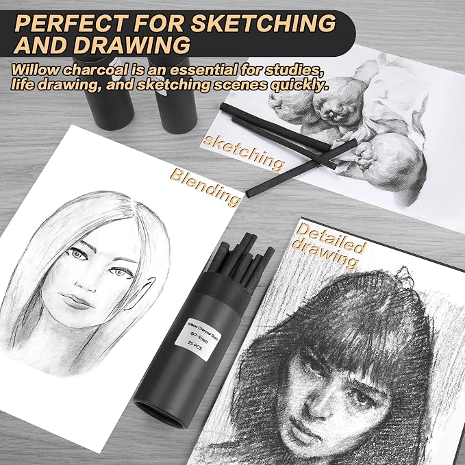 MyLifeUNIT Vine Charcoal Sticks, Willow Sketch Charcoal Pencils for Drawing, Pack of 25 (7-9 MM Dia)