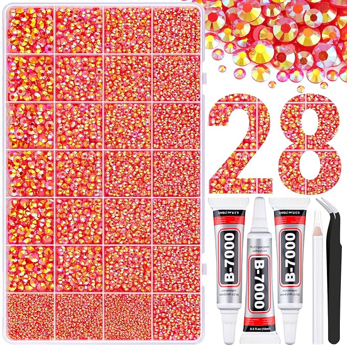 30000Pcs Resin Rhinestones for Bedazzling with Tweezers, Red AB Rhinestones for Crafting with 3Pcs 10ml B7000 Jewelry Glue for DIY Crafts Clothing Tumblers Shoes Fabric Nail Art