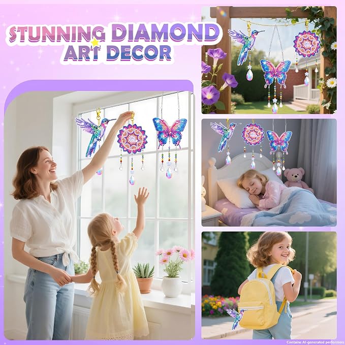 Diamond Art Kits for Kids Ages 8-12, 3 PCS DIY Gem Art Suncatchers for Kids