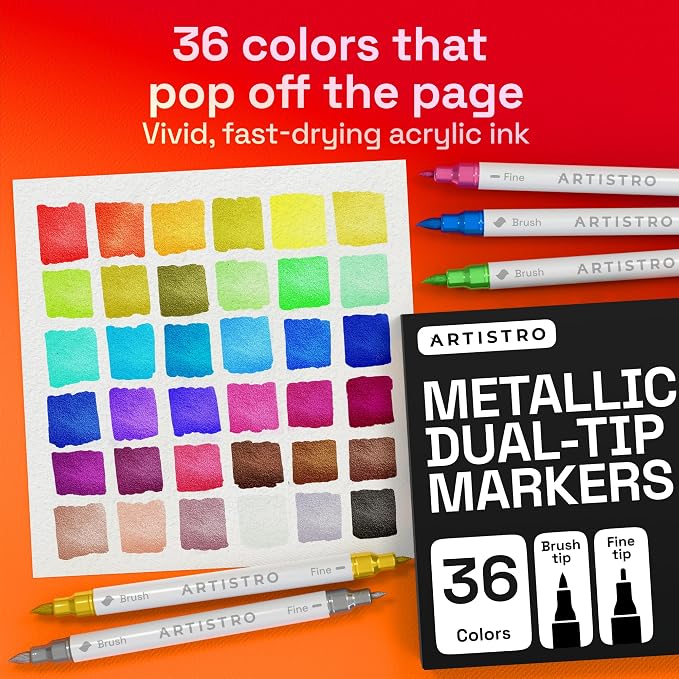 ARTISTRO 36 Metallic Dual-Tip Acrylic Paint Marker Pens for Drawing | For Fabric, Rock, Glass, Wood, & Molds, Arts & Crafts Gift for Adults, Teens, & Kids, Classroom Must Haves & School Supplies