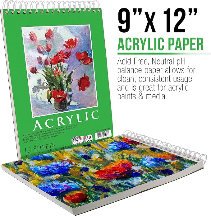 U.S. Art Supply 9x12 Premium Heavy-Weight Acrylic Painting Paper Pad | 246lb (400gsm), 2 Pack, 12 Sheets, Spiral Bound, for Acrylic Paint