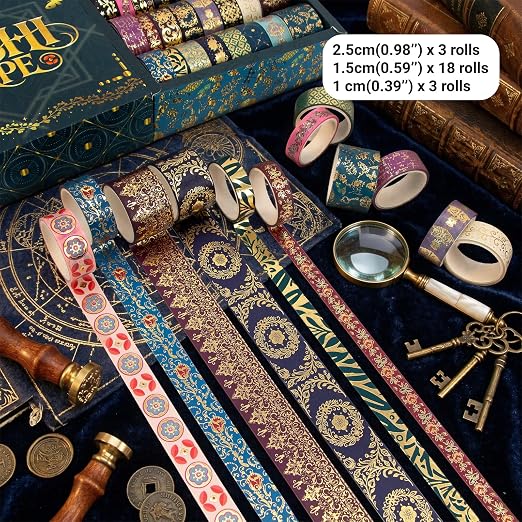 Gold Foil Washi Tape Set — 24 Rolls Vintage Dark Academia Aesthetic, Baroque Gothic Jewel Tone Decorative Tape for Junk Journal Supplies, Scrapbook, Planner — Gift Box (3 Sizes)