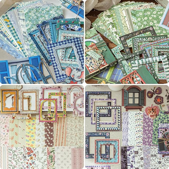 180 Pcs Floral Scrapbooking Paper & Animal Stickers, Embossed Scrapbook Window Frames, 4 Packs Junk Journal Scrapbooking Supplies Kit for Journaling, Embellishments, Card