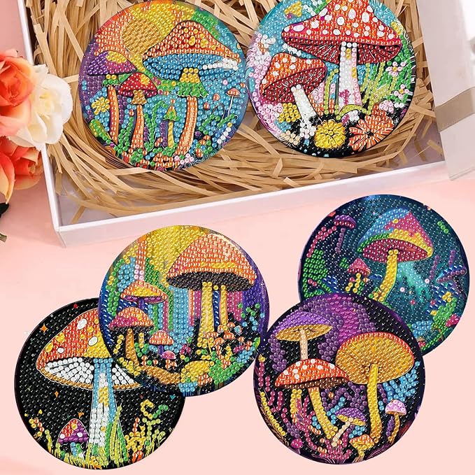 8 Pcs Diamond Art Coasters Kits, Mushroom Diamond Painting Coasters Kits