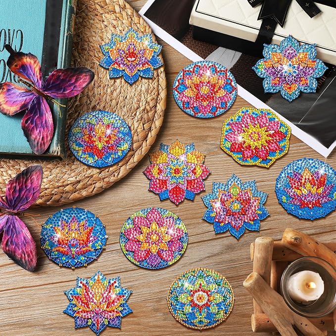 Zonon 12 Pcs Diamond Art Magnets Lotus Mandala Painting Kit Fridge Decor | DIY Diamond Painting Magnetic Stickers, Arts Crafts Kit for Adults, Refrigerator Home Decoration, Colorful Mandala