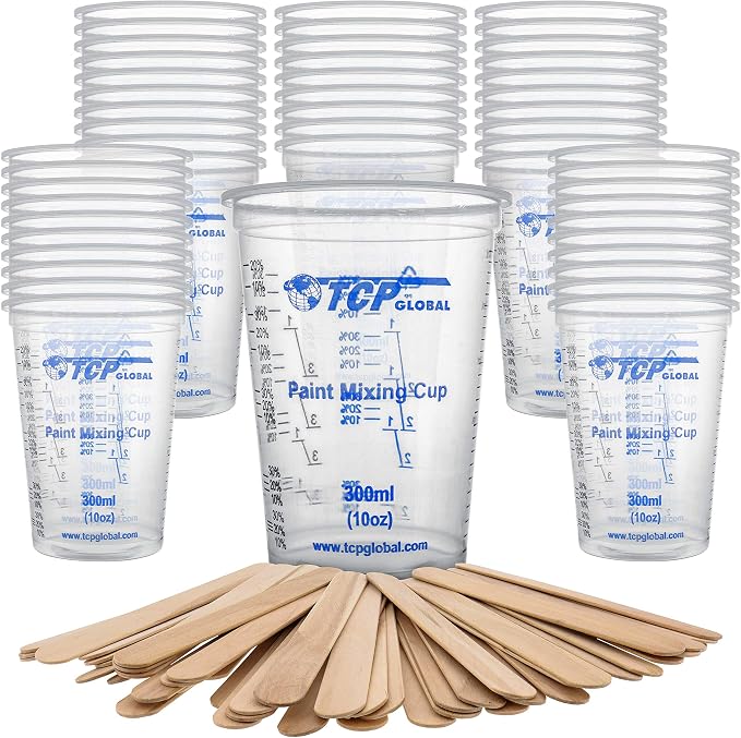 TCP Global 10 oz. (300ml) Graduated Plastic Mixing Cups - Box of 50 | Plus 50 Mixing Sticks, Disposable Plastic Measuring Cups for Liquids, Paints, Resin, Epoxy, Kitchen , Ratios 2-1, 3-1, 4-1 ML