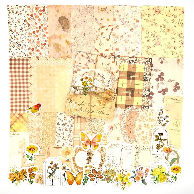 OKUPAN Vintage Floral Scrapbook Paper & Journaling Stickers (100pcs) Assorted Set (Yellow) - Scrapbook Supplies for Bullet Journaling, Retro Crafts, Planner, Mixed Media, Card Making