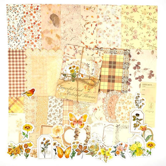 OKUPAN Vintage Floral Scrapbook Paper & Journaling Stickers (100pcs) Assorted Set (Yellow) - Scrapbook Supplies for Bullet Journaling, Retro Crafts, Planner, Mixed Media, Card Making