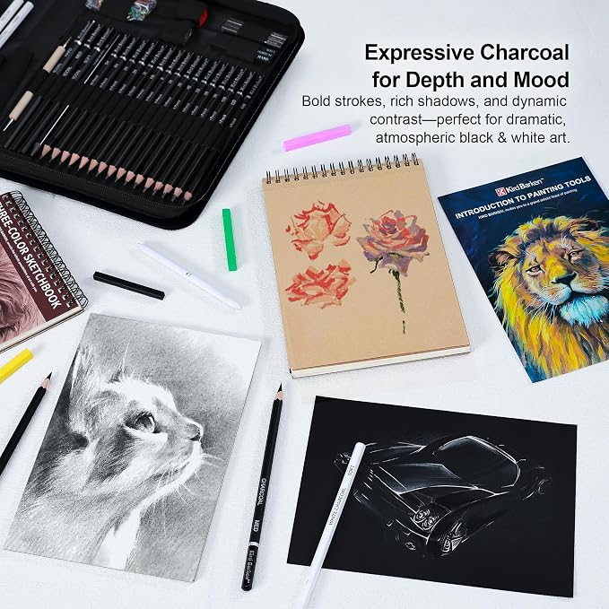 Kird Barken 112 PCS Professional Drawing Set Sketch Kit with 3-Color Sketchbook, Graphite & Charcoal Pencils,Sketching Supplies for Shading & Blending – Ideal for Artists, Adults, Teens & Beginners