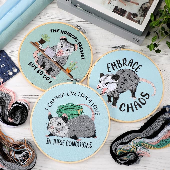 Mindsoft 3 Set Needlepoint Kit for Beginners with Hoop,Possum | Bamboo Hoop Thread Needles Instructions, Easy Hand Embroidery for Beginners Home Crafts,Pre-stamped Funny Cute Designs