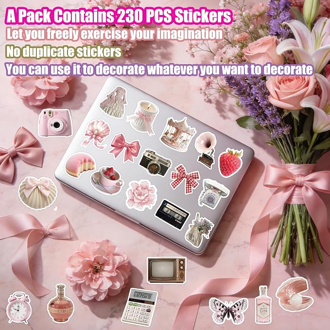 230pcs Coquette Stickers Cute Vinyl Laptop Waterproof Aesthetic Pink Pack for Girls Water Bottles Laptop Computer Phone Guitar (230pcs Coquette Stickers)
