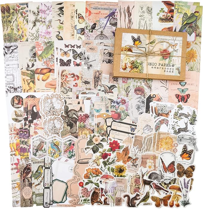 Knaid 200 Pieces Vintage Ephemera Pack Decoupage Paper Junk Journal Kit Scrapbook Planner Sticker Supplies for Art Journaling Bullet Journals Collage Craft Notebooks Album Crafter Gifts (Forest)