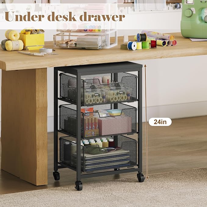 Under Desk Storage Cart with Lockable Wheels, 3-Drawer Rolling Storage Cart, Metal Utility Cart with Drawers for Art, Cart, Classroom, Office, Kitchen, Bedroom, Dorm Storage Under Bed