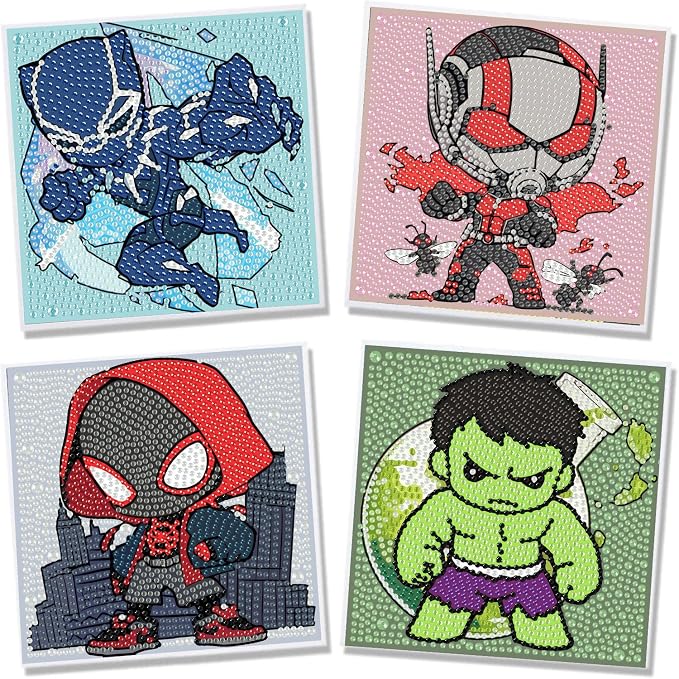 4 Pack Cartoon Diamond Art Kits for Kids, Arts and Crafts for Kids 4-6 | 4 Pack Cartoon Gem Painting Kit, Cute Gem Arts for Kids Ages 4 8 12, DIY Crystal Gem Kits for Gifts 6X6 inch without Frame