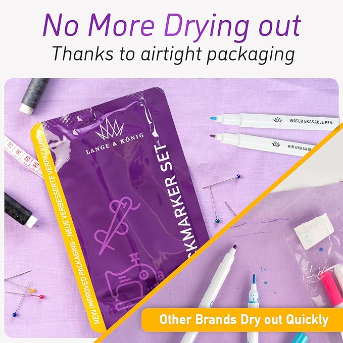 Lange & König Air & Water Erasable Fabric Markers for Sewing Products - Sewing Supplies Quilting Supplies Sewing Accessories Sewing Gifts Quilting Gifts Embroidery Supplies, Tailors Chalk Alternative