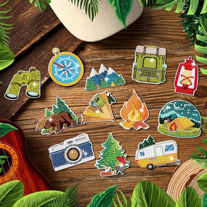 Zonon 12 Pcs Camping Diamond Art Magnets Kits for Fridge DIY Stickers | Outdoor Theme Designs, Diamond Magnetic Backing for Refrigerator and Camper Decor,Easy Craft for Adults,