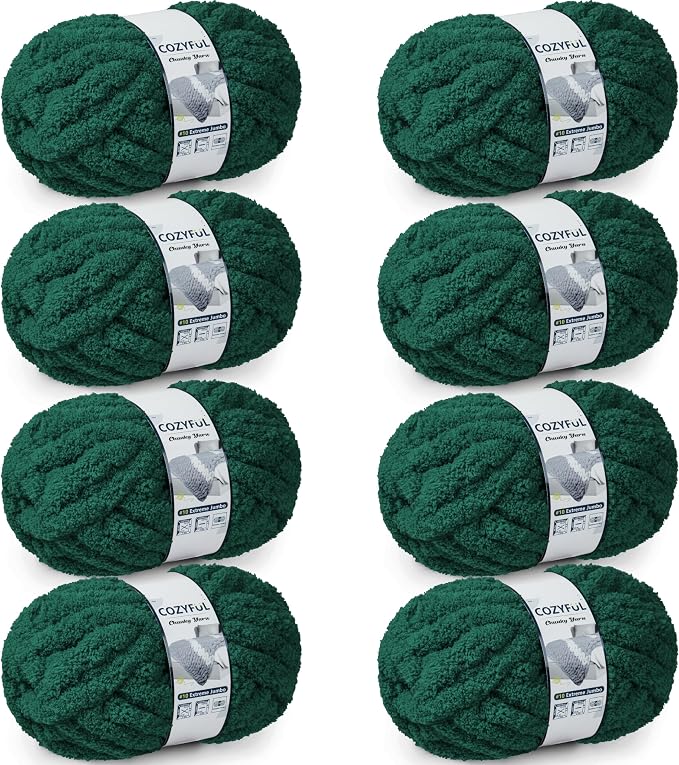 Cozyful Chunky Yarn for Hand Knitting - #10 Chunky Chenille Yarn, Jumbo Big Thick Chunky Yarns for Crocheting, Super Bulky Chunky Knit Blanket Yarns, 8 Skein (22 yds 8 oz Each Skein), Forest Green