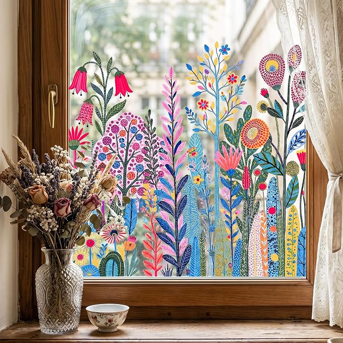 ADD.HERES Window Privacy Film,Colorful Floral Window Stickers,Removable DIY Bouquet Static Clings, Decals for Home School Office Party Supplies, Vivid Flower Field, 17.5" x 78.7"