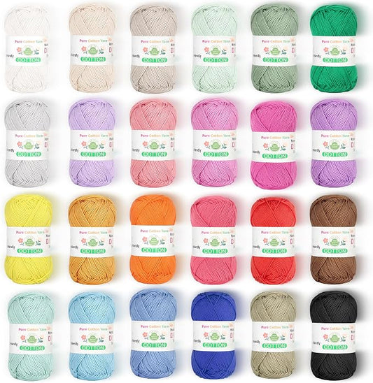 Katech Pure Cotton Yarn for Crocheting & Knitting–Baby Cotton Yarn | 24-Color of 137 Yards/1.76 oz Sport Weight CYC #2-Soft & Breathable-Ideal for Dishcloths, Baby Clothes, Potholders & Crafts