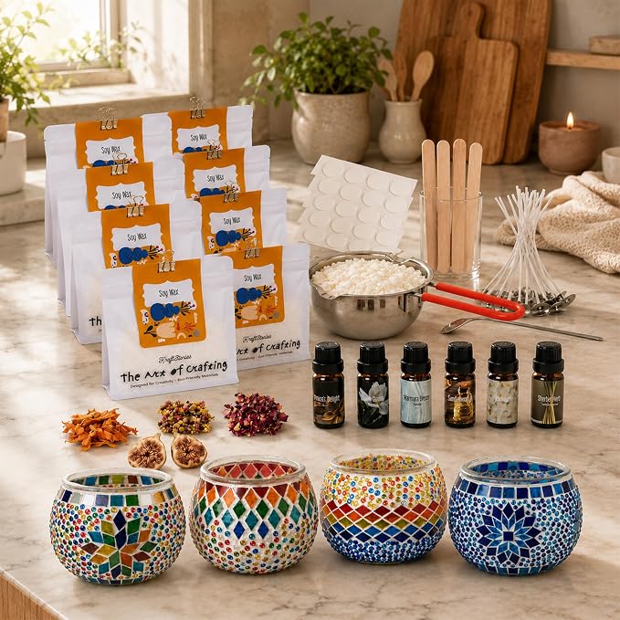 KRAFTSTORIES Candle Making Kit for Adults – DIY Candle Making Set with Natural Soy Wax, Wicks, Essential Oils, Dried Flowers & 4 Turkish Mosaic Glass Jars – Handmade Arts & Crafts Complete Gift (4)