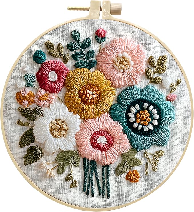 Embroidery Kit for Beginners & Adults Starter Kit, Cross Stitch Kits,DIY Hand Embroidery Needlepoint Set with Hoop, Pre-Printed Fabric, Threads and Instructions (Flower-2)