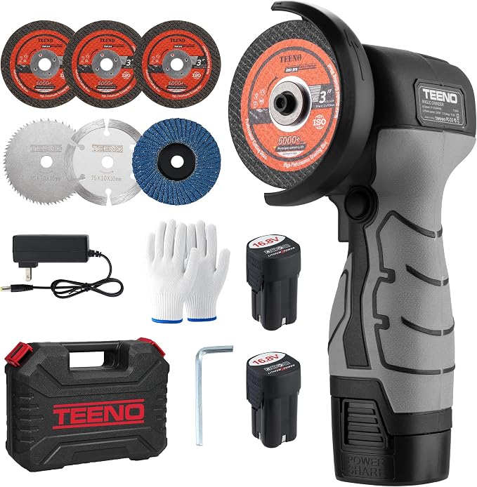 TEENO Cordless Angle Grinder Kit, 19,500 RPM Mini Handheld Grinder Tool with 2x 16.8V 2000mAh Batteries & 6 Discs, 3-Inch Cut-Off Grinder for Metal, Wood Cutting, Grey