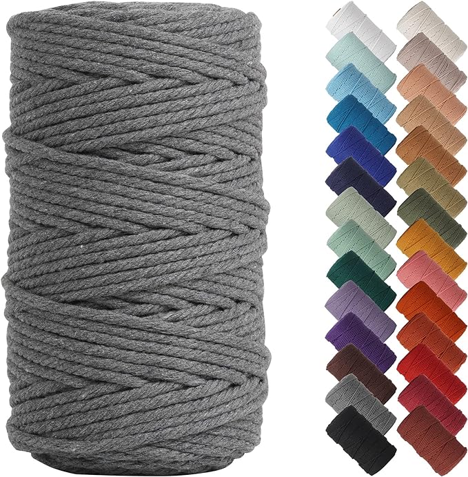 NOANTA Gray Macrame Cord 4mm x 220yards, Colored Cotton Rope Macrame Yarn | Macrame Rope Supplies, 3 Strand Twisted Cotton Yarn String, Cotton Cord for Wall Hanging, Plant Hangers, Crafts, Knitting